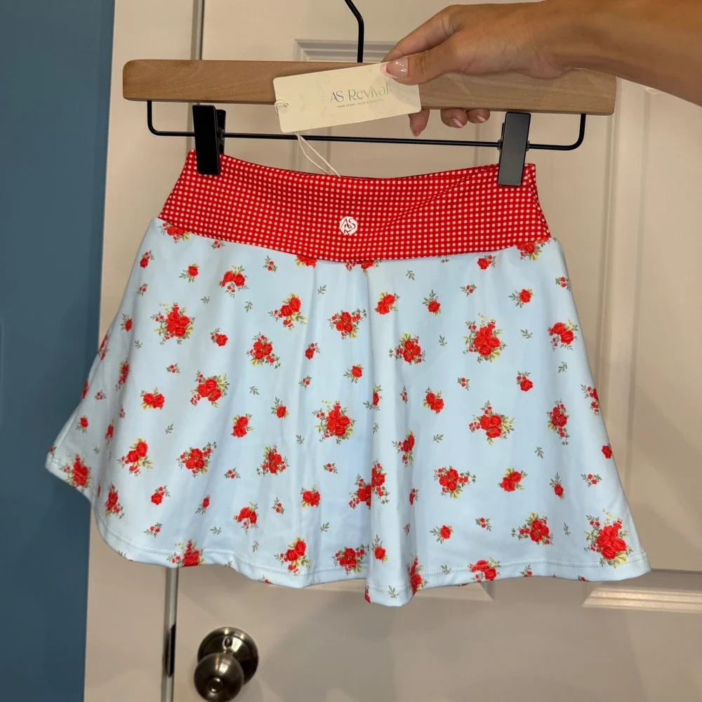 AS Revival Floral Gingham Activewear Set Skort and‎ Crop Top Size XXS
